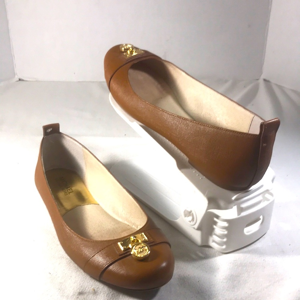 Michael Kors Hamilton Classic Luggage Gold Padlock MK Logo Ballet Flats Sz 10